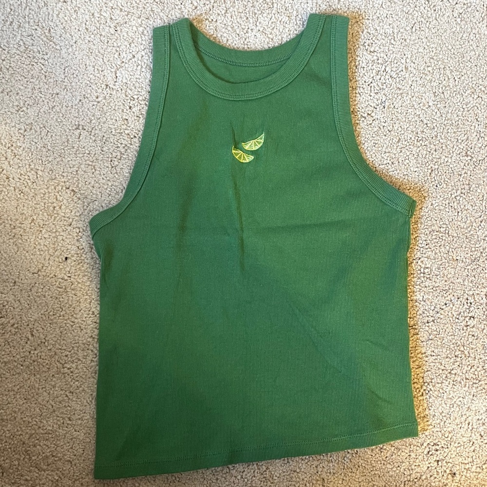 Green Cotton Blend Tank Top with Lime Embroidery